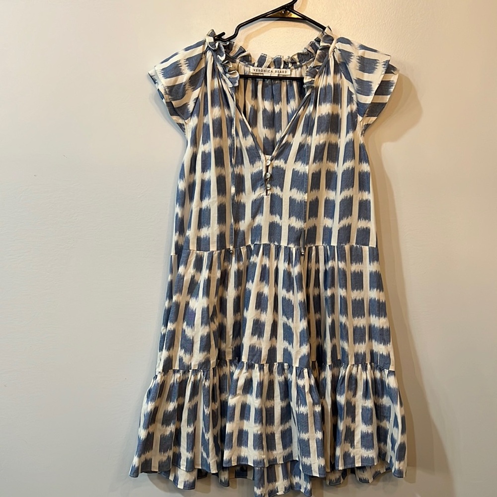 Veronica Beard dress Ruffle Tiered mini dress size 10 white and blue